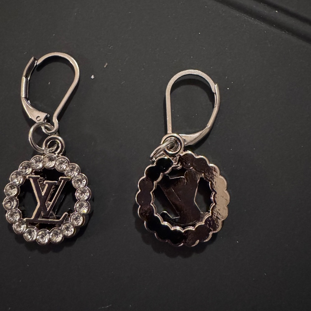 LV zipper pull handmade Silver Earrings with Crystal Accents